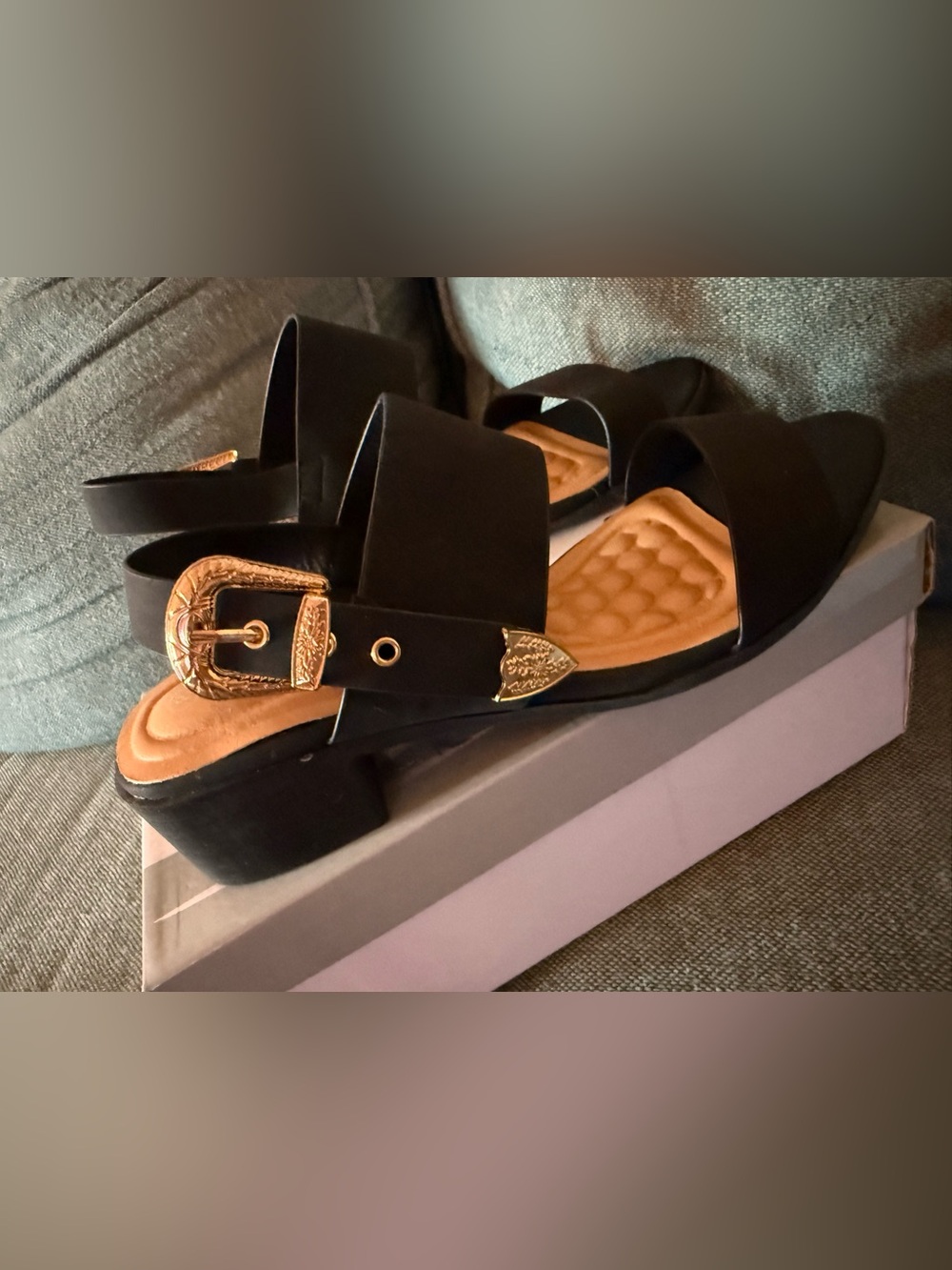 Women’s Black Slingback Sandals with Gold Buckle Accent